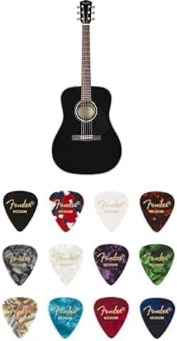 Fender CD-60 Dreadnought V3 DS Acoustic Guitar (Black, Walnut Fretboard) Bundle with Medium Gauge 351 Celluloid Picks (12-Pack), Perfect for Beginners