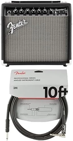 Fender Champion 25W Combo Amp II Bundle (Black/Silver) + 10ft Professional Instrument Cable, Angled, Nickel-Plated, Durable PVC