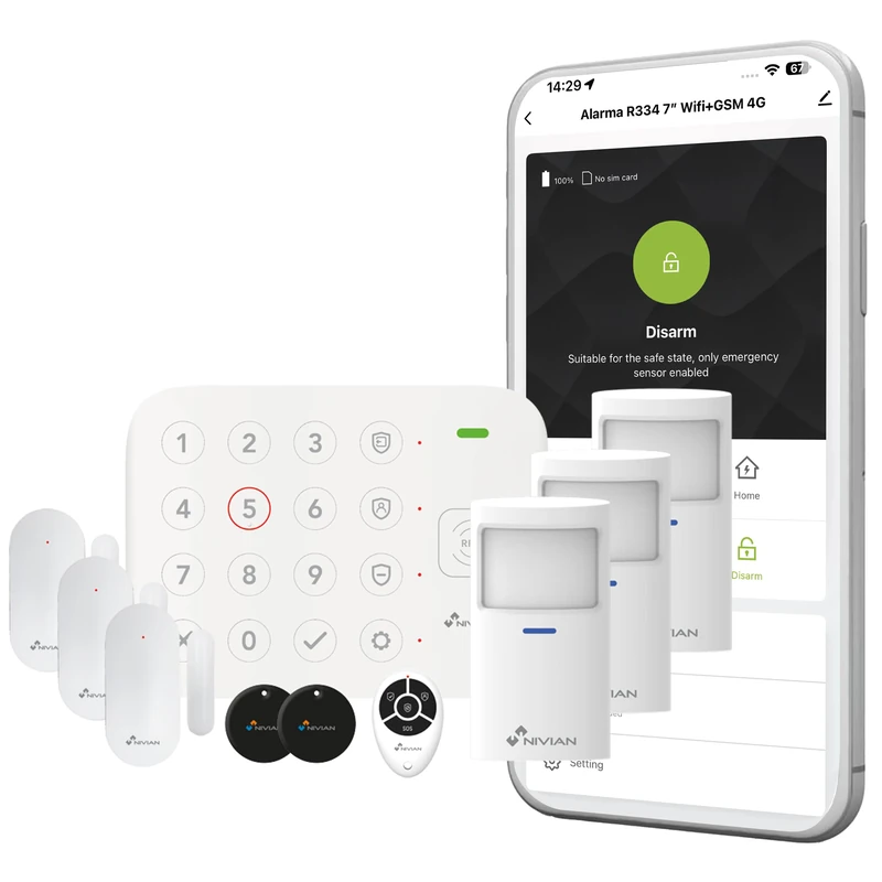 Nivian WiFi Home Alarm System No Fees – Complete Kit with Motion Sensor, Door Sensor, Remote Control and RFID Cards – Smart Alarm with App, Anti Tamper, Premium Kit