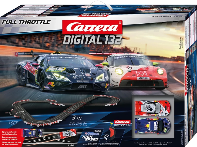 Carrera Digital 132 Full Throttle 1:32 Scale 8 Metres With Porsche 911 GT3 R Lionspeed GP No24 and Lamborghini Huracán GT3 Evo 2 Abt-Sportsline No27, UK Plug Version