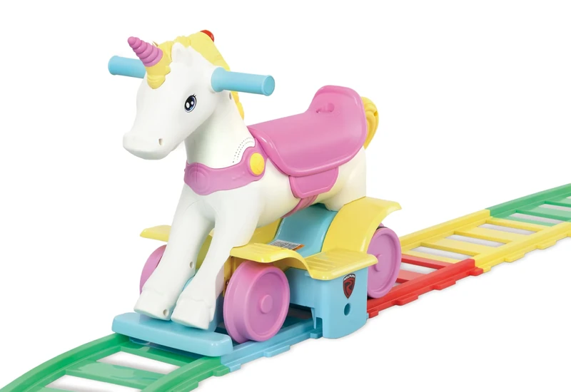 Rollplay Unicorn Train Set, Colorful Rainbow Track with Ride-On Unicorn, Kids Indoor Riding Toy, Pink and White Design with Wheeled Base, Play Set for Children 1-3 Years