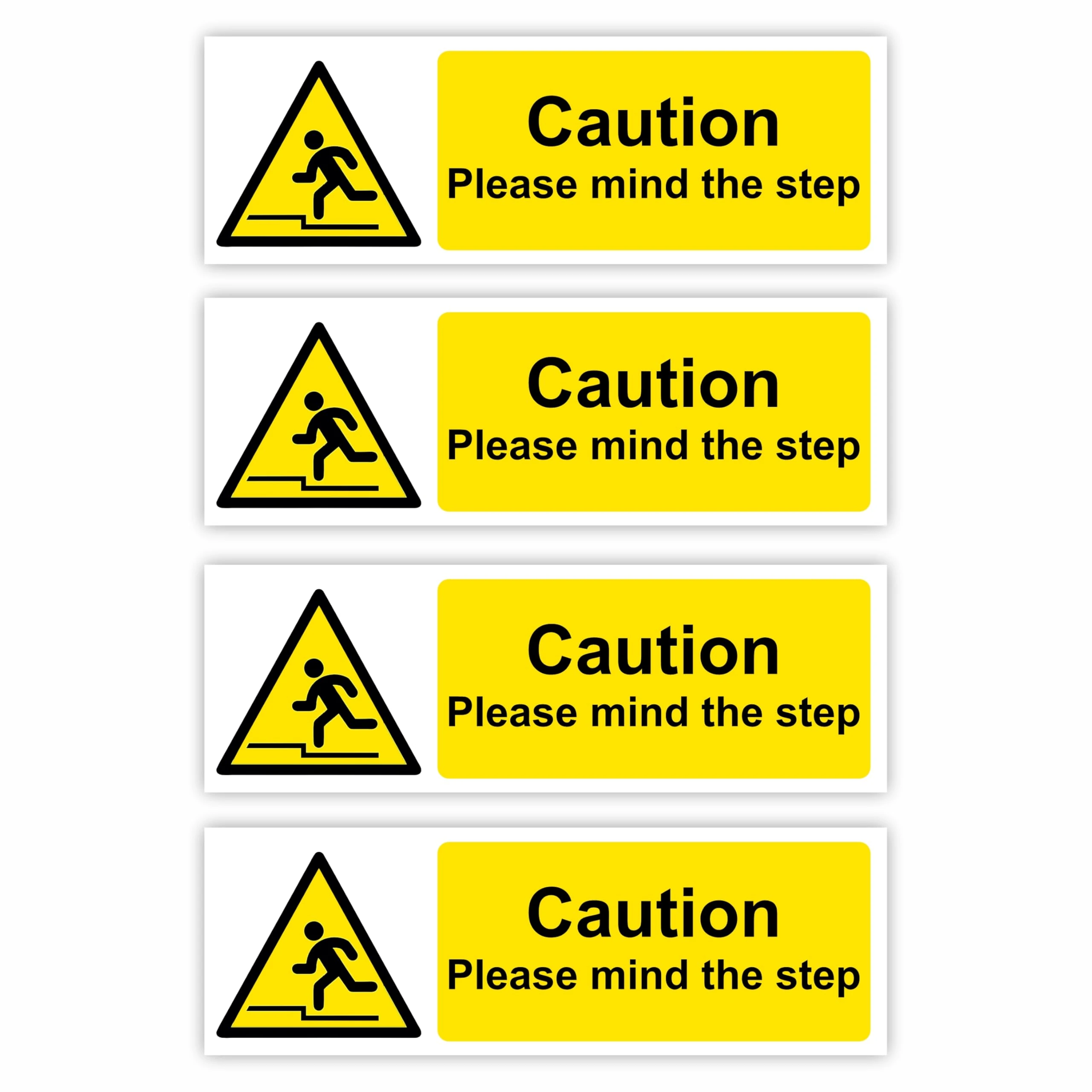 4-Pack Caution Please Mind The Step Self-Adhesive Signs / 5x15cm Each (Pack of 4) / Landscape Orientation Removable & Wipeable/Indoor or Outdoor Stickers/Gloss Finish/Mind The Step Stickers