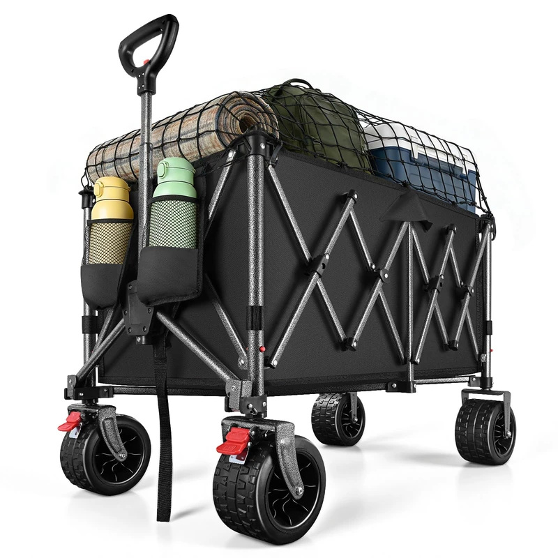 YEAUPE PRO Handcart Foldable from 4 Directions with Side Opening, 200 L, 150 kg Load Capacity, Foldable Handcart with Parking Brake & Height-Adjustable Handle for Beach, Camping, Garden, Black