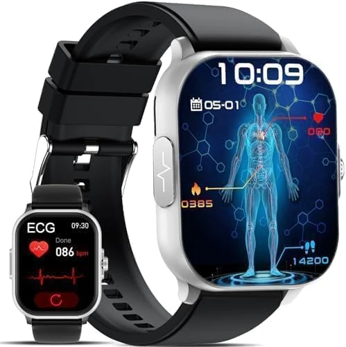 Smartwatch for Men Women with ECG BMI Blood Pressure Bluetooth Calls/24H Heart rate/Body Temperature - 2.01" HD Health Watch Sleep Monitor/SpO2/Apnea Fitness Smartwatch for iOS Android (Silver-black)