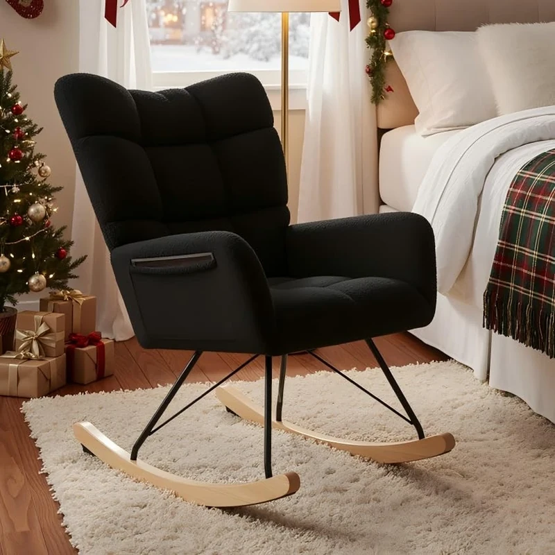 Clevich Rocking Chair, Teddy Upholstered Glider Nursing Chair for Adults, Comfy Rocking Armchair Indoor with Side Pocket for Living Room Bedroom (Black)