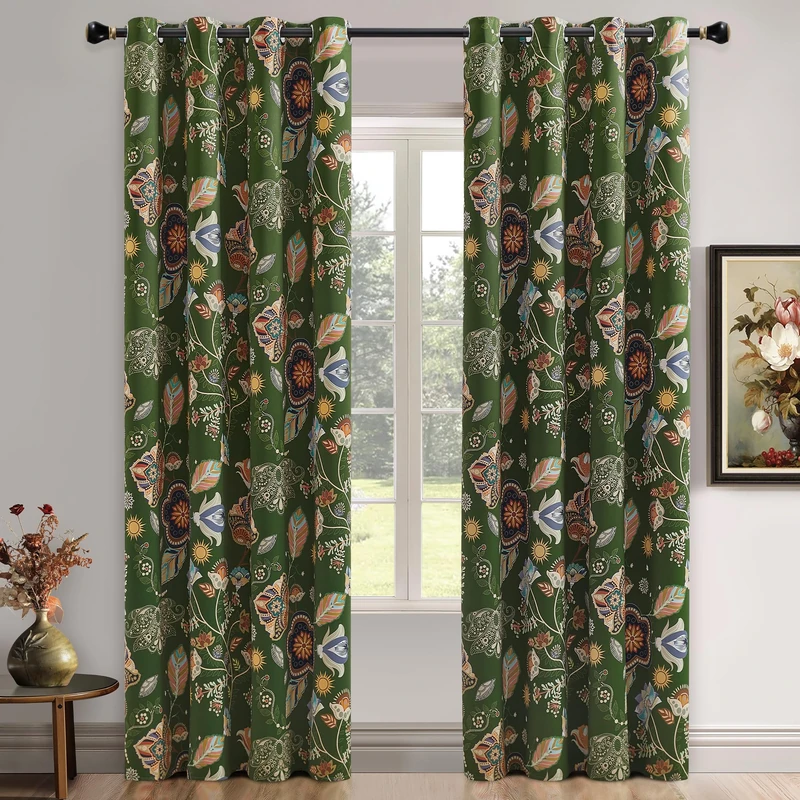 XiDi Green Floral Curtains Vintage Patterned Blackout Curtains 108 Inches Long 2 Panels for Bedroom Thermal Insulated Luxury Curtains Botanical Leaf Printed Design Grommet Drapes Moss Green 52x108