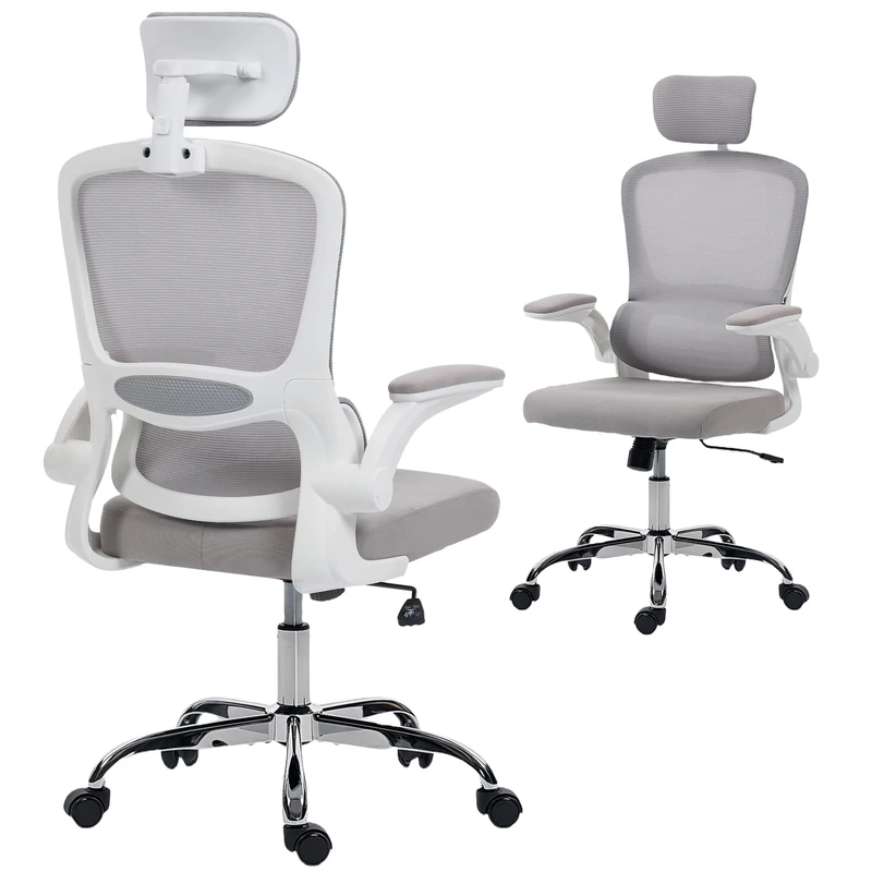 HOMCOM Ergonomic Office Chair, High Back Mesh Computer Desk Chair with Adjustable Headrest and Lumbar Support, Flip-up Armrests for Home Office, Grey