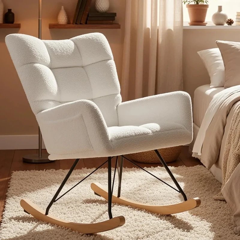 Clevich Rocking Chair, Teddy Upholstered Glider Nursing Chair for Adults, Comfy Rocking Armchair Indoor with Side Pocket for Living Room Bedroom (White)