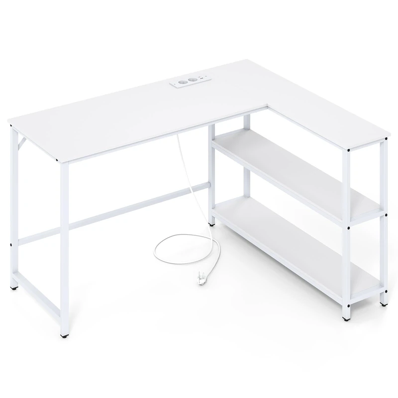 SFAREST L-Shaped Computer Desk, Small Corner Desk with 2-Tier Storage Shelves, Heavy-duty Metal Frame Workstation and Study Gaming Writing Table for Home Office Bedroom(White,131 x 106 x 75cm)