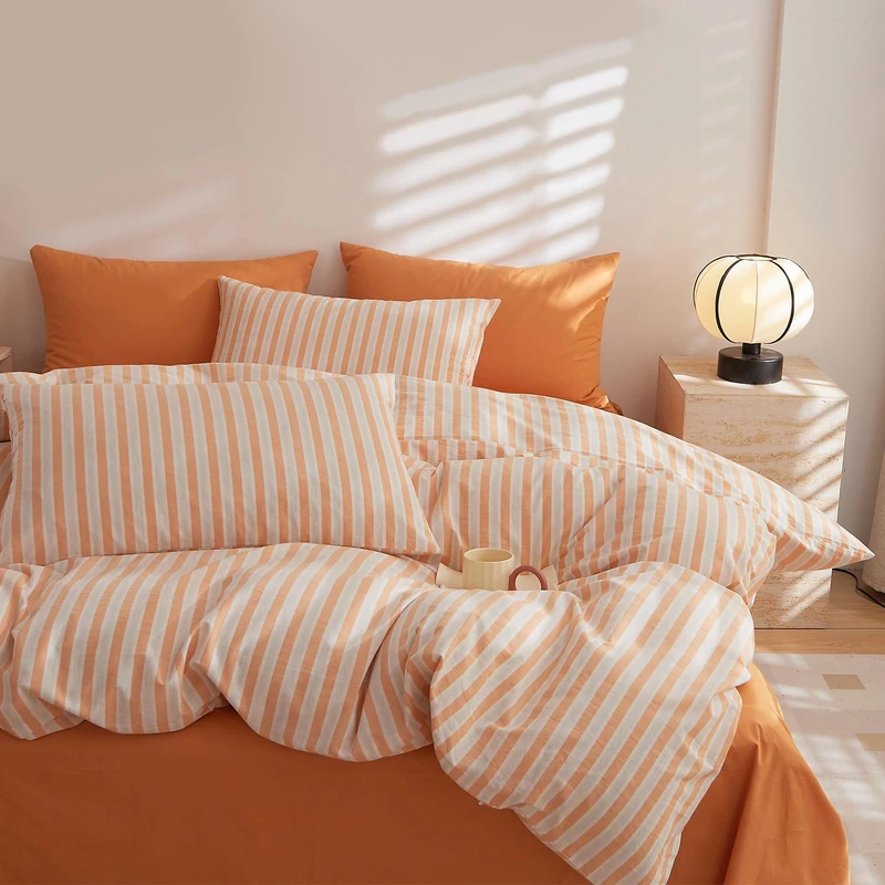 EAVD Modern Style Orange Striped Duvet Cover Twin Soft Washed Cotton White Orange Striped Bedding Set with 2 Pillowcases Farmhouse Reversible Geometric Duvet Cover with Zipper Closure