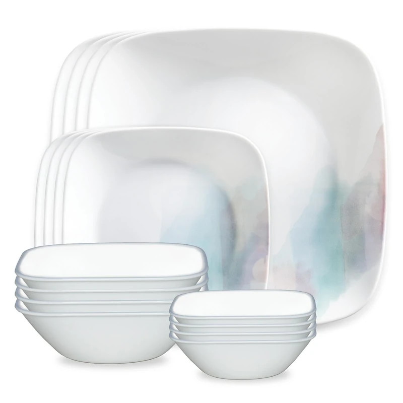 Corelle 16-Piece Vitrelle Glass Aquarello Chip and Break Resistant Dinner Set, Service for 4, Blue/Purple