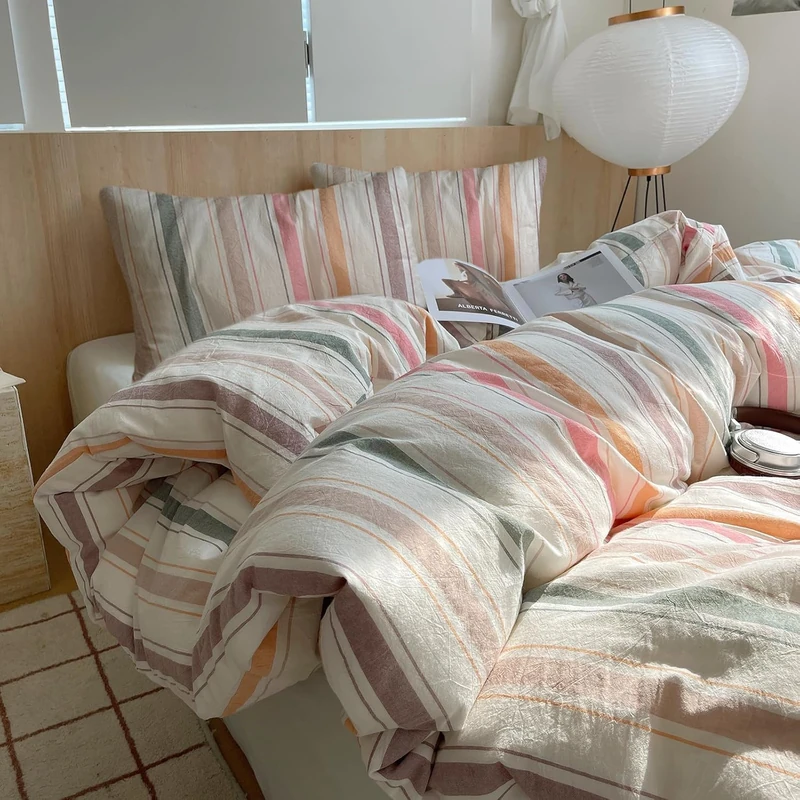 EAVD Reversible Striped Duvet Cover Queen Size Colorful Soft Washed Cotton Bedding Set Multi-Color Striped Bedding Set with 2 Pillowcases Modern Farmhouse Geometric Duvet Cover with Zipper