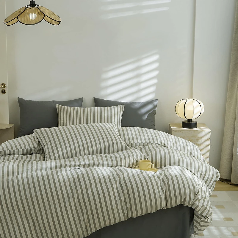 EAVD Grey Striped Duvet Cover King Soft Washed Cotton White Grey Striped Bedding Set with 2 Pillowcases Modern Farmhouse Geometric Duvet Cover with Zipper Closure