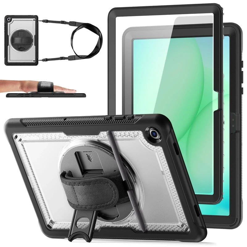 KAIJIABox Case for Samsung Galaxy Tab A11 Plus/A9 Plus, with Hand/Shoulder Strap &360°Rotate Stand, Pencil Holder Full-Body Drop Protection Cover for Galaxy Tab A11+/A9+ 11 Inch Tablet,Transparent