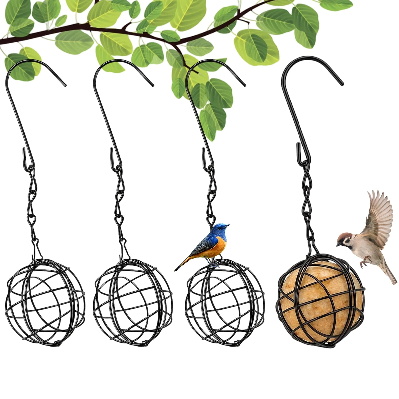 Bird Feeders Set of 4, Metal Hanging Fat Ball Feeders for Wild Birds, Robin Feeder with Chain, Outdoor Suet Ball Feeder, 14×7×3.5 cm Garden Bird Balls Dispenser