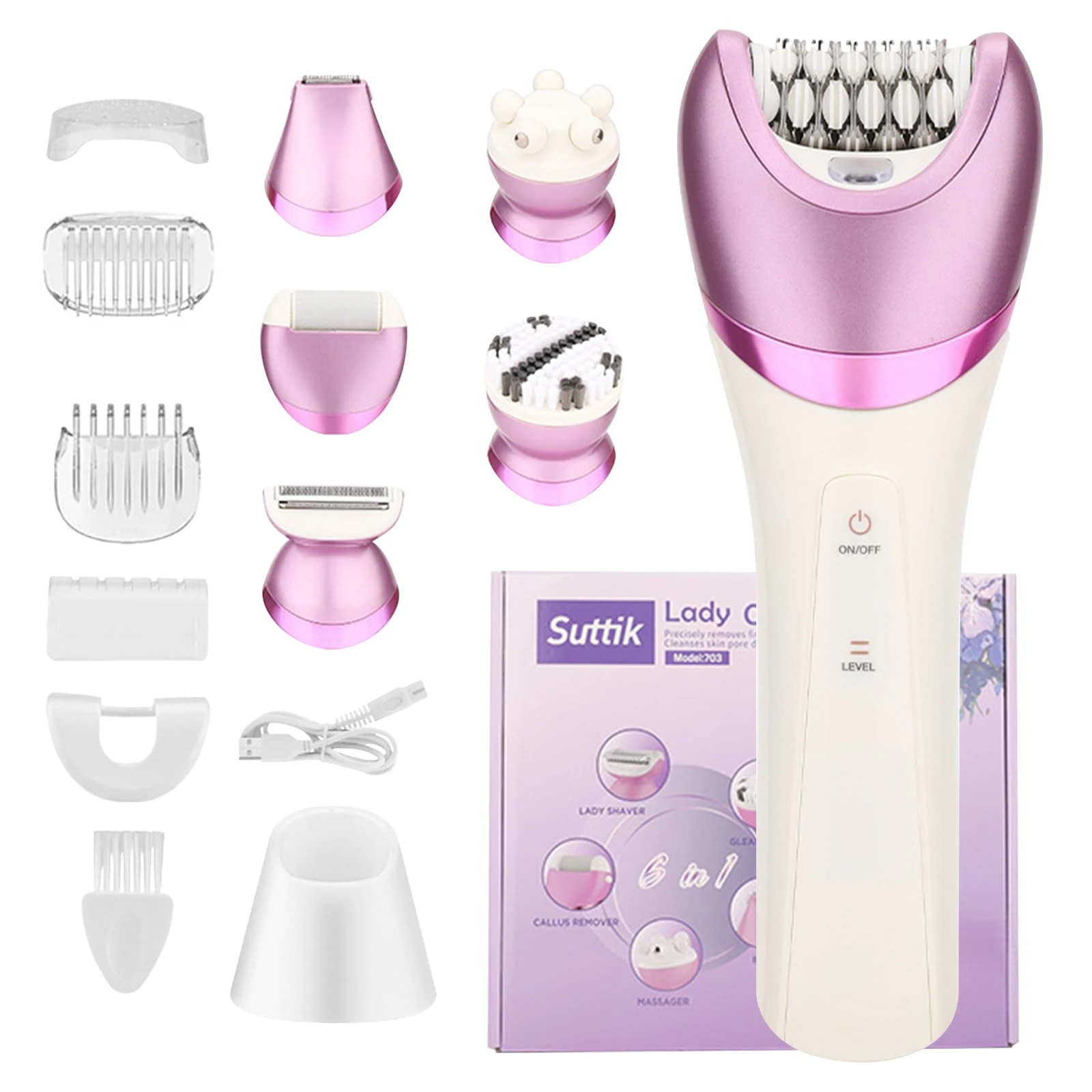 TECKZOON Women Electric Shaver, 6-in-1 Purple Women's Hair Removal Tool with Base, USB Rechargeable IPX7 Waterproof Epilator for Pubic Hair Body Face, Smooth Painless Shaving for Wet & Dry Use