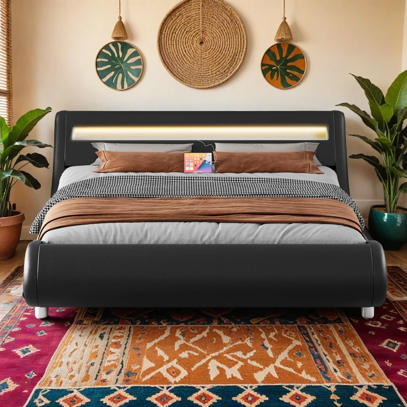 YITAHOME Bed Frame,Upholstered Led Bed Frame with Lights & Storage Charging Station,Platform with Pu Leather/No Box Spring Needed,White and Obsidian Double size