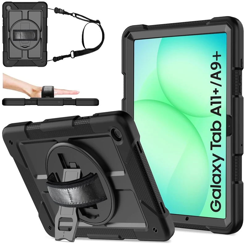TOPWANT Case for Samsung Galaxy Tab A11 Plus 2025 (SM-X230/X235/X236)/Tab A9 Plus 2023 (SM-X210/X216/X218) 11 Inch, Heavy Duty Shockproof Case with [360° Rotating Stand][Hand&Shoulder Strap], Black