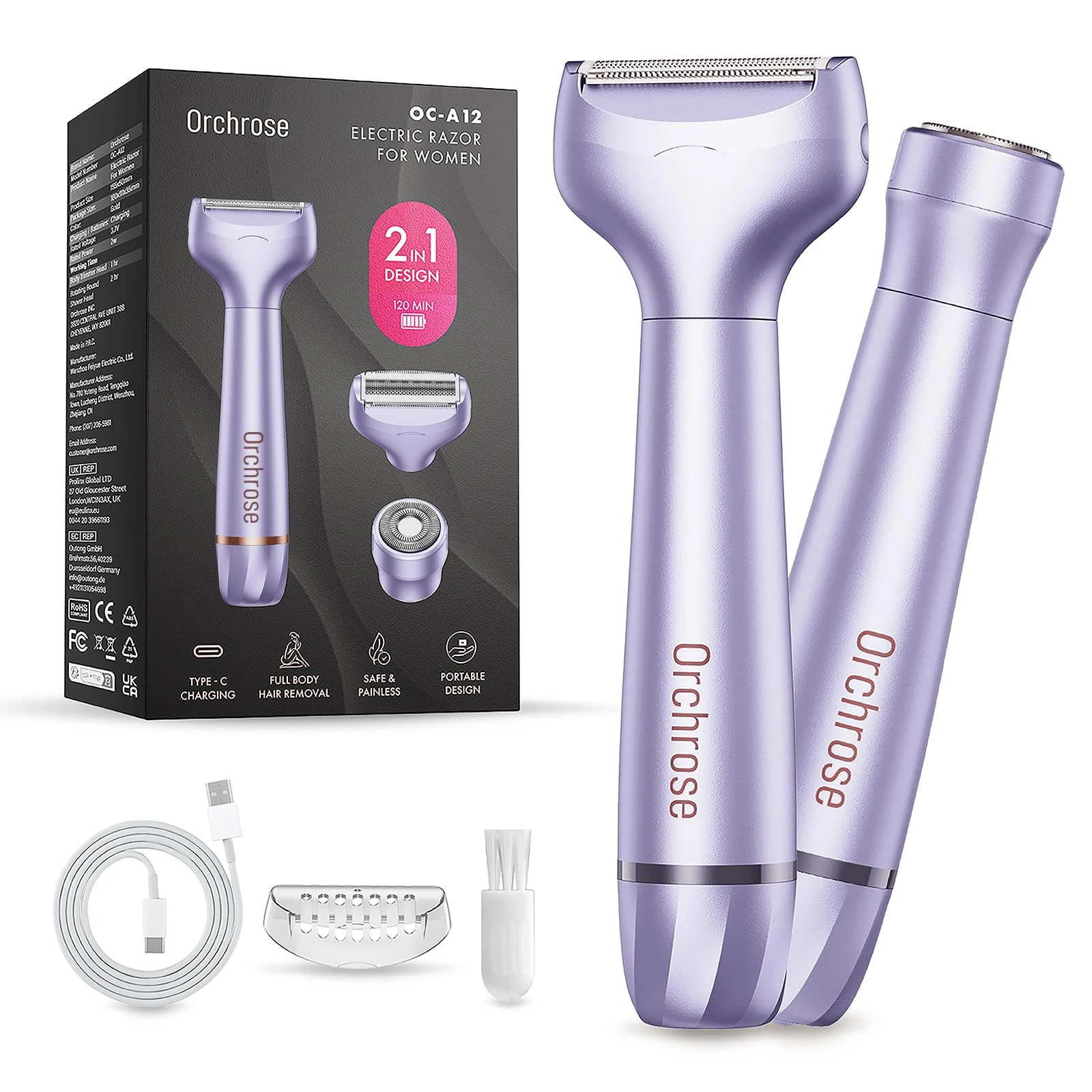 Orchrose Electric Razor for Women Body: Rechargeable Painless Electric Shaver for Bikini Face Body Legs Underarms - Portable for Travel (Purple)