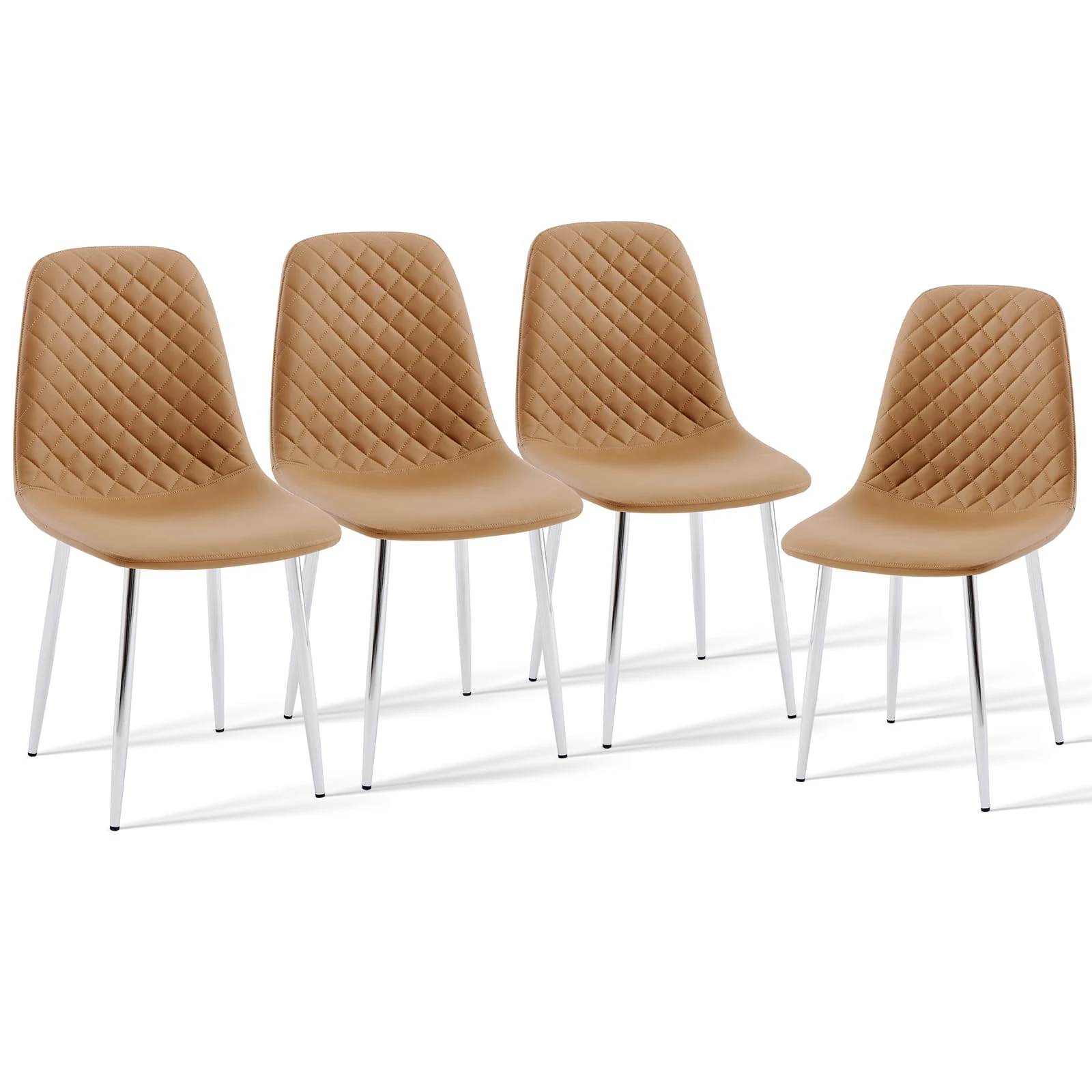 AINPECCA Set of 4 Faux Leather Dining Chairs Ergonomic Backrest Thickened Cushion with Silver Chrome Legs for Dressing Lounge Living Room Office Bedroom (Coffee Silver Leg)
