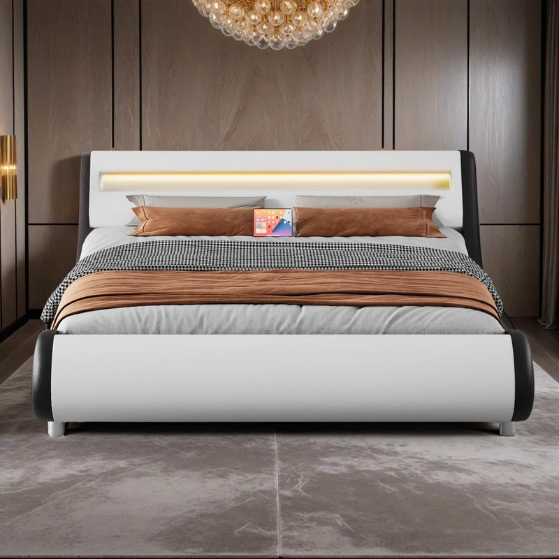 YITAHOME Bed Frame,Upholstered Led with Lights & Storage Platform Charging Station Bed Frame with Pu Leather/No Box Spring Needed,White and Obsidian Double size