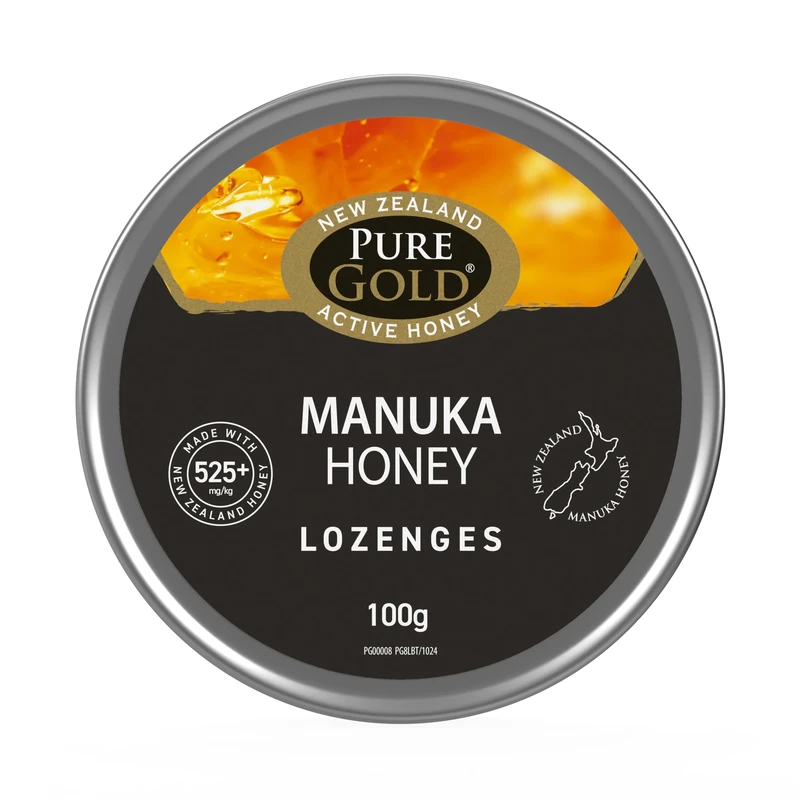 Pure Gold - Manuka Honey - 525+ MGO - 100g - Anti-Inflammatory Properties for Sore Throat Relief - 20 Lozenges - Plain
