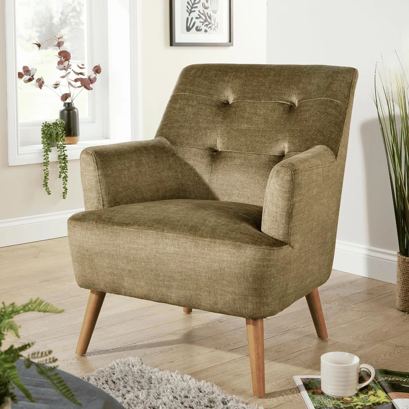 Home Source Armchair – Comfortable Modern Chair with Curved Arms, Foam Cushions & Solid Wooden Legs – Stylish Fabric Armchair for Living Room, Bedroom or Reading Corner (150kg Weight Capacity)