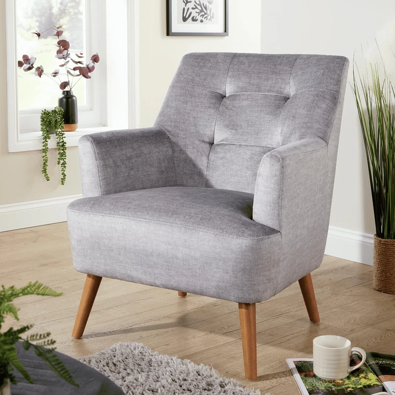 Home Source Accent Armchair – Contemporary Fabric Armchair with Curved Arms, Foam Cushions & Wooden Legs – Comfy Lounge Chair for Living Room, Bedroom or Reading Space (150kg Capacity)