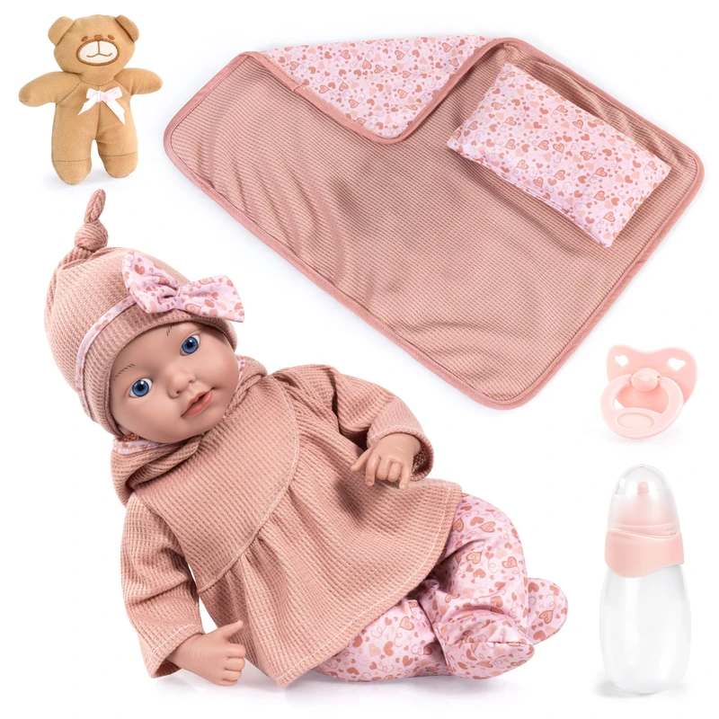Bayer Design 93827AO Reborn baby doll, realistic, lifelike, 38 cm, with dummy, bottle, pillow, blanket, plush bear