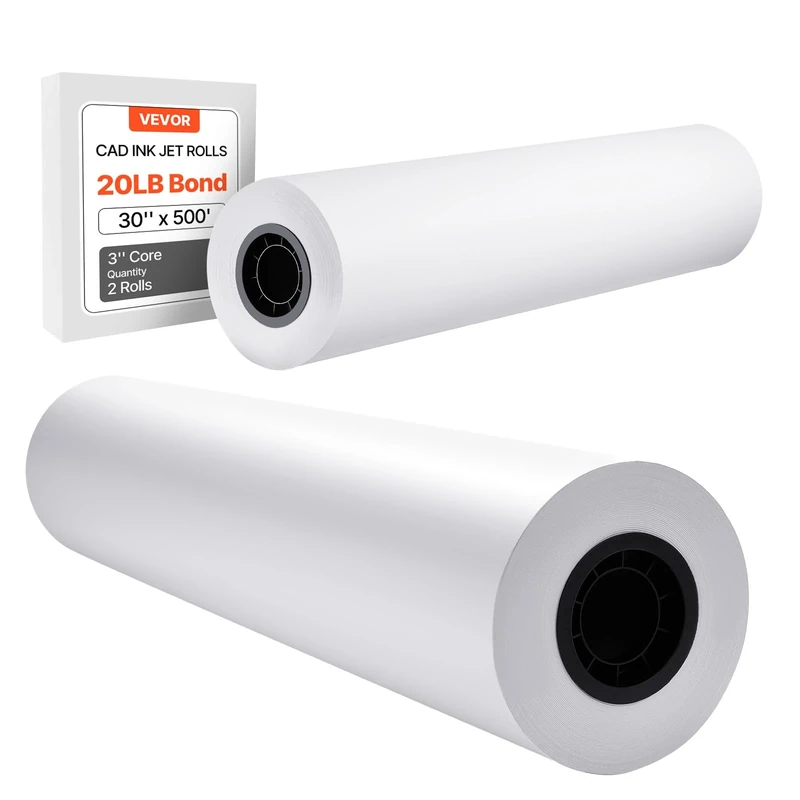 VEVOR Wide Format Paper, 30 in x 500 ft Plotter Roll, 2 Rolls CAD Bond Rolls with 3 in Core, 20 LB Bond Paper Rolls, Ideal for CAD Drawings, Engineering Plans, GIS Maps, and Architectural Designs - Image 1