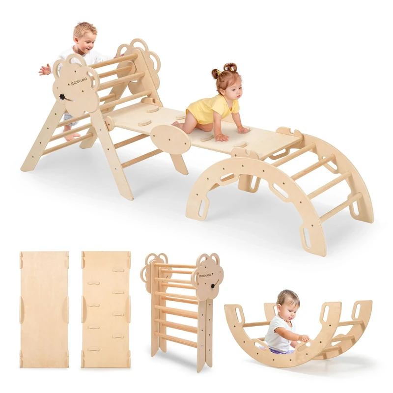 COSYLAND 3-in-1 Climbing Frame – Wooden Indoor Playset with Slide and Arch Rocker for Kids (Wood Color)