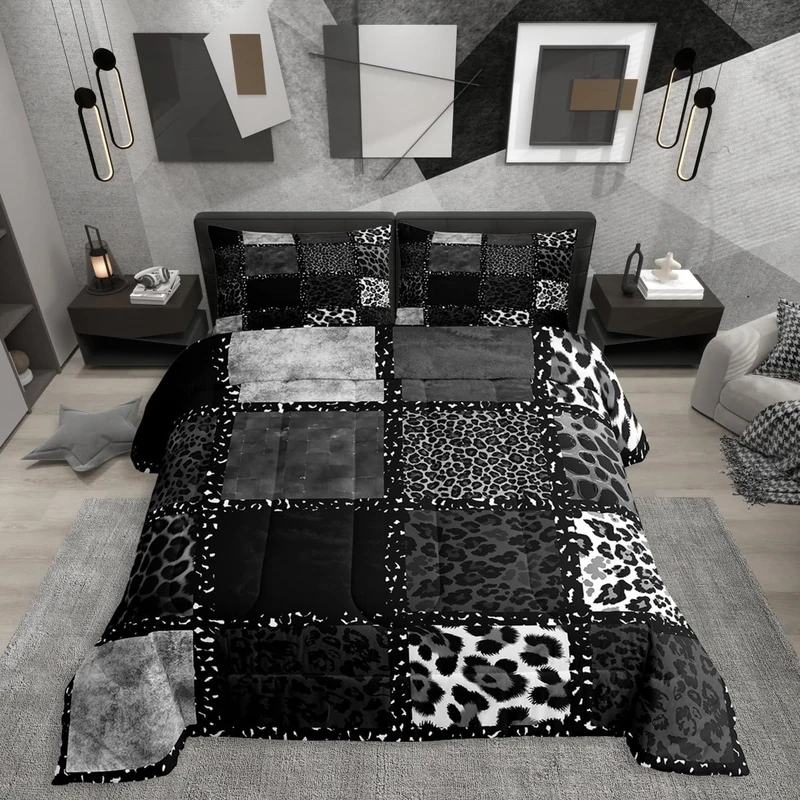 Erosebridal Grey Leopard Print Comforter King Size for Kids Teens Adults,Animal Skin Texture Bedding Set,Patchwork Geometric Duvet Insert,Farmhouse Quilt Bedroom Decor