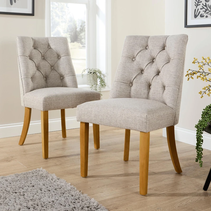 Home Source Dining Chairs – Set of 2 Upholstered Fabric Chairs with Tufted Back, Foam Cushions & Wooden Legs – Comfortable Dining Room in Natural Finish (150kg Capacity) - Image 1