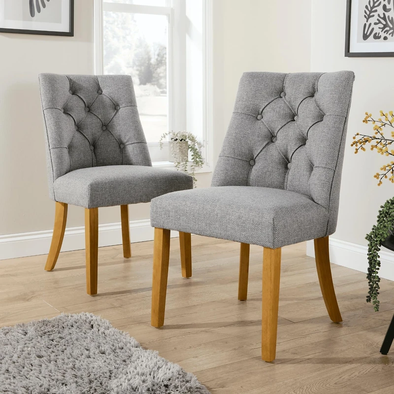 Samara Dining Chairs – Set of 2 Upholstered Chairs with Tufted Back, Foam Cushions & Solid Wooden Legs – Comfortable Fabric Dining Room (150kg Capacity, Grey)