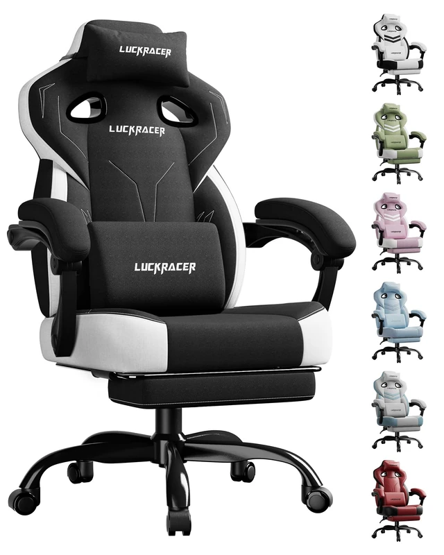 LUCKRACER Fabric Gaming Chair with Footrest, Ergonomic Computer Desk Chair with Pocket Spring Cushion Home Office High Back Support Lumbar Support Heavy Duty Wide, Black-Single