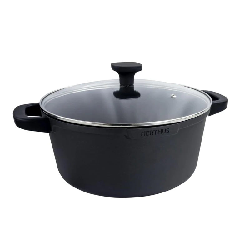 NERTHUS FIH 1556 - Tall Cast Aluminium Casserole with Quantanium Non-Stick Coating - Suitable for Induction, Gas and Glass Ceramic - Glass Lid with Valve and Removable Silicone Handles