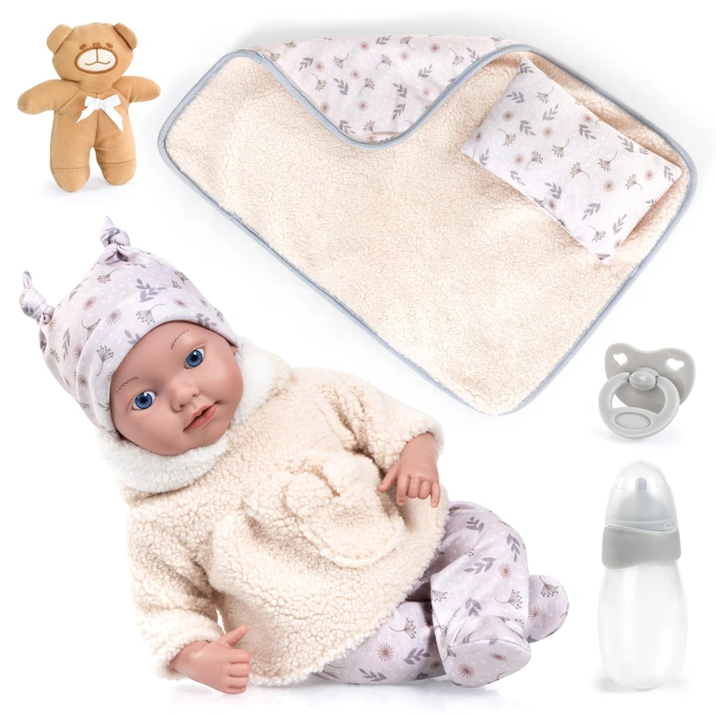 Bayer Design 93827AN Reborn baby doll, realistic, lifelike, 38 cm, with dummy, bottle, pillow, blanket, plush bear