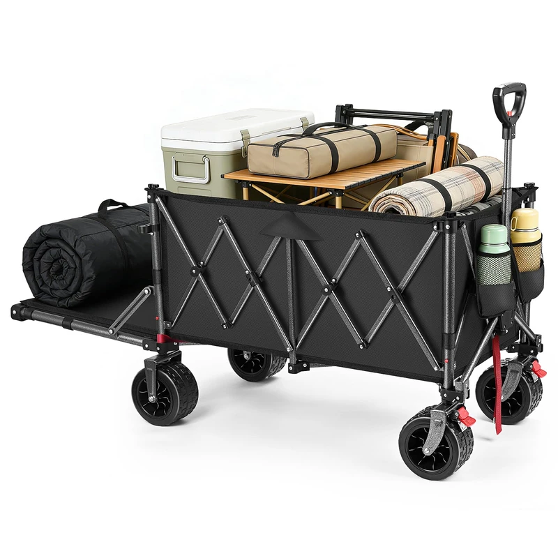 YEAUPE PRO Handcart Foldable 200-300L 150 kg, Foldable Handcart with Parking Brake, 4-Way Folding, Height Adjustable for Camping, Beach Trolley, Garden, Shopping, Black