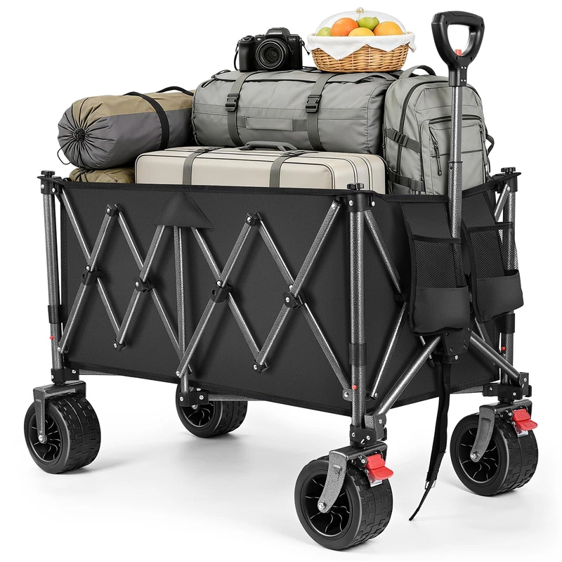 166L Festival Trolley on Wheels, Folding Wagon, Portable Camping Cart, Camping Trolley Foldable for Beach Outdoor Garden Shopping Fishing, Ultra Wide Wheels Classic Black