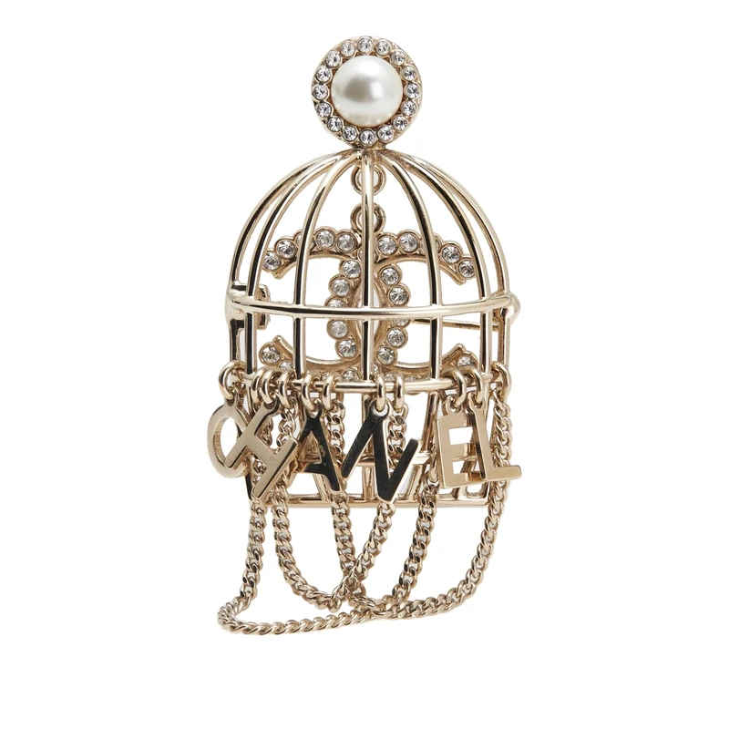 Chanel Gold Plated Faux Pearl and Rhinestone Logo Brooch