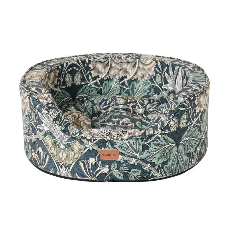 Rosewood x Morris & Co. Honeysuckle & Acorn Oval Dog Bed, Small – Luxury Reversible Pet Bed with Iconic William Morris Floral Prints, Soft Washable Cushion, Padded Sides – Stylish Heritage Design