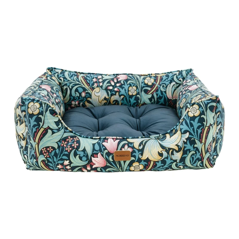 Rosewood x Morris & Co. Golden Lily Square Dog Bed, Large – Luxury Reversible Pet Bed with Iconic William Morris Floral Print, Soft Washable Cushion, Padded Sides – Stylish Heritage Design