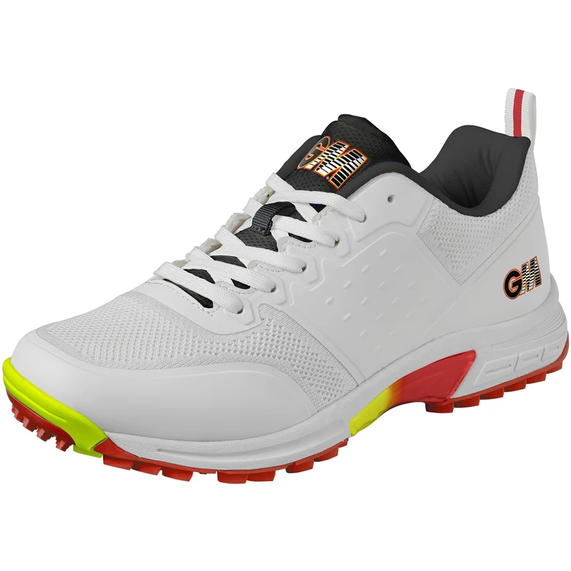 Gunn & Moore GM | Rival Rubber Sole Cricket Shoes | Lightweight Knitted Mesh Upper | Arch Support Grip Comfort & Reduce Fatigue | All Rounder Grip | Size UK Junior 6 EU 39 | White Red & Fluro