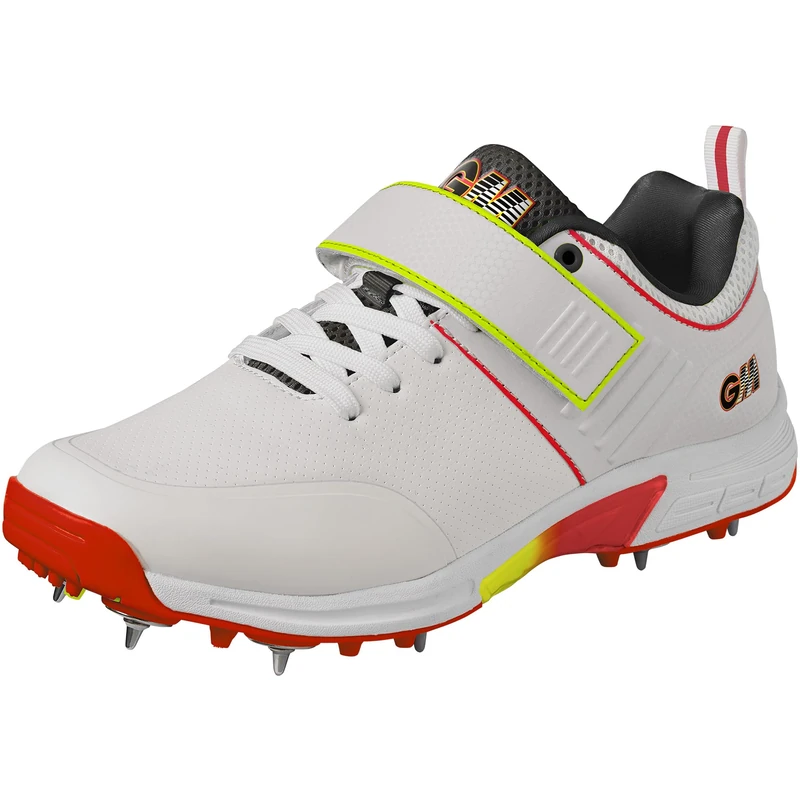 GM | Rival Plus Steel Spike Cricket Shoes | Premium Lightweight Breathable Microfibre Upper | Arch Support Grip Comfort & Reduce Fatigue | Moulded Pimples | Size UK 8.5 EU 42.5 | White Red & Fluro