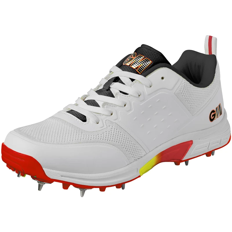 GM | Rival Steel Spike Cricket Shoes | Breathable Lightweight Knitted Mesh Upper | Arch Support Grip Comfort & Reduce Fatigue | Moulded Pimples | Size UK Junior 5 EU 38 | White Red & Fluro