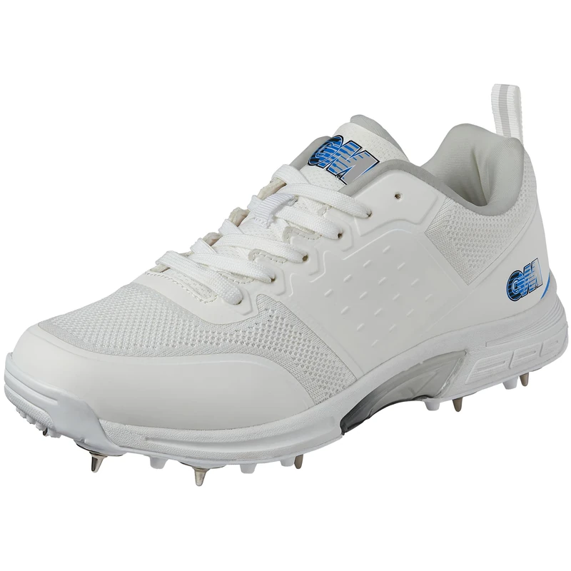 Gunn & Moore GM | Maxi Steel Spike Cricket Shoes | Breathable Lightweight Knitted Mesh Upper | Arch Support Grip Comfort & Reduce Fatigue | Moulded Pimples | Size UK 9.5 EU 44.5 | White & Blue