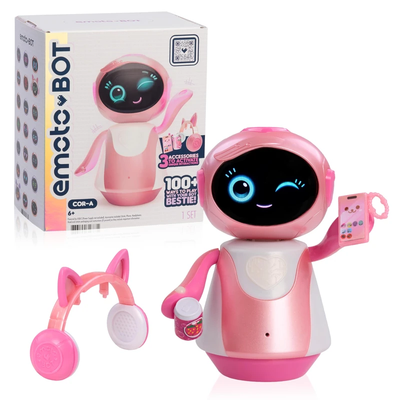Emotobot COR-A Interactive Robot Kids’ Toy, Pink, Touch-and Sound-Responsive Robot with Movement, LED Face, 100+ Ways to Play, No Wi-Fi, No AI, Rechargeable, Ages 6+