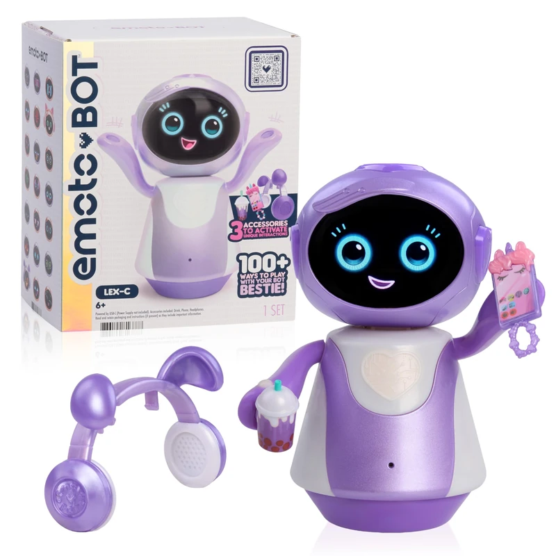 Emotobot LEX-C Interactive Robot Kids’ Toy, Purple, Touch-and Sound-Responsive Robot with Motion, LED Face, 100+ Ways to Play, No Wi-Fi, No AI, Rechargeable, Ages 6+