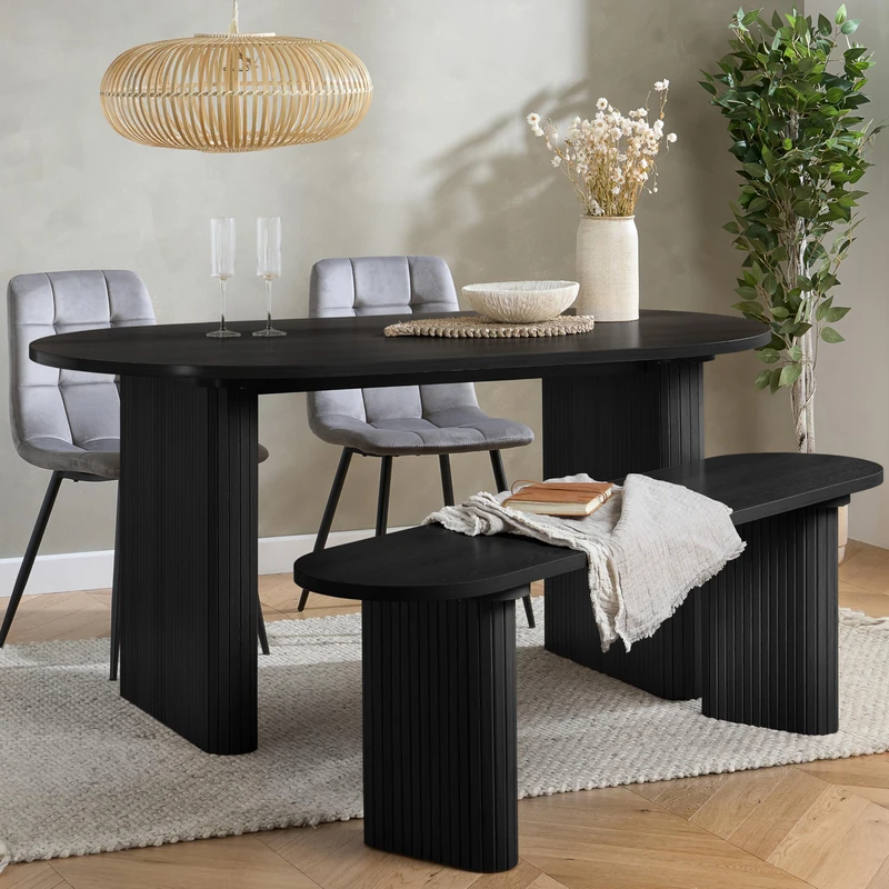 Birlea Axel Oval Fluted Dining Table With 2 Chairs And Bench Black