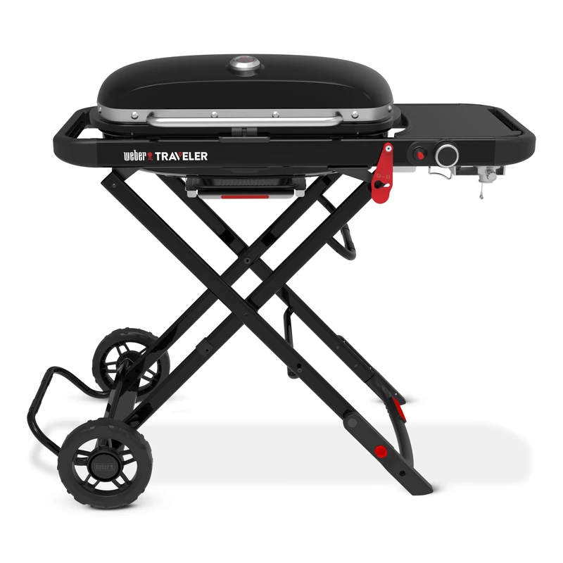 Weber Traveler Gas Grill 2026 / Portable Folding Design with Wheels, Automatic Lid Lock & Thermometer, 1 Burner, 111 cm Width, 2065 cm² Cooking Area, Black (1501744)